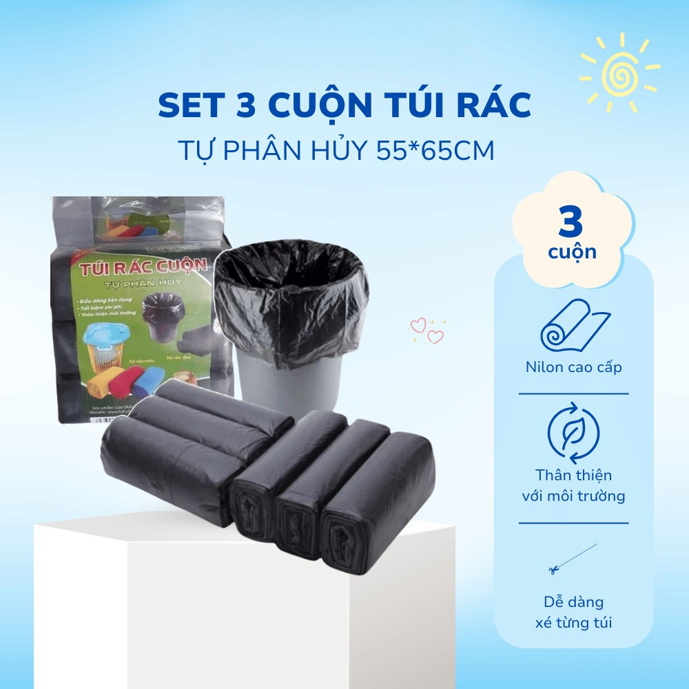 Set 3 Cuộn Đựng Rác Đen Tự Phân Hủy Sinh Học Túi Đựng Rác Thân Thiện Môi Trường Kích Thước 55*65cm DT001