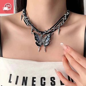 Dây chuyền nữ phong cách retro punk, hai lớp đính đá, dây da