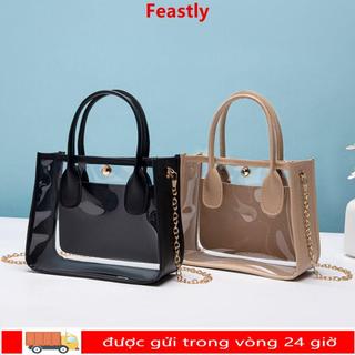 Túi xách thạch trong suốt FEASTLY, Túi đeo chéo xích nhỏ phổ biến, Túi xách nữ thời trang PVC