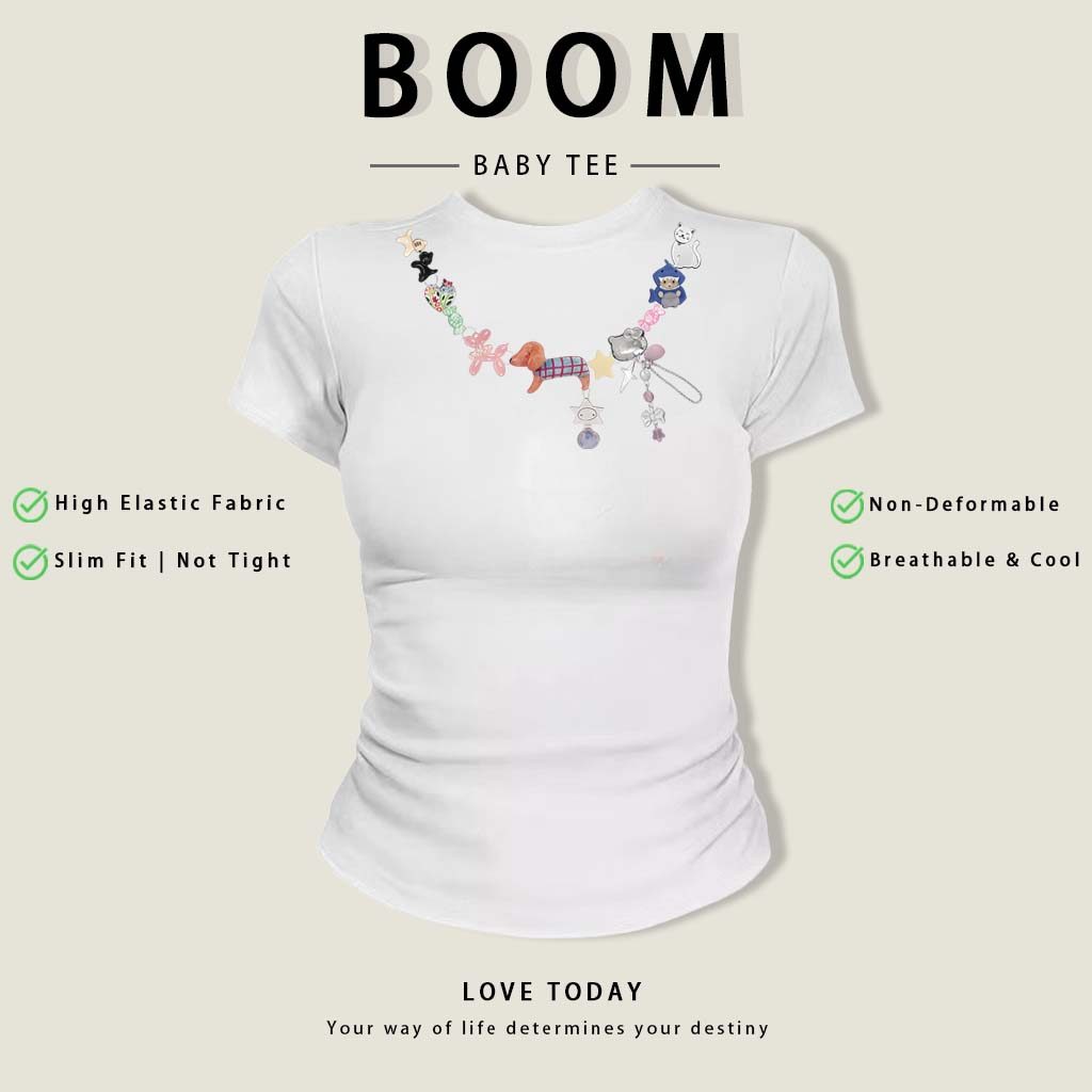 BOOM Áo Baby Tee Nữ Cotton Ôm Body-Áo Thun Ngắn Tay Y2K In Hình PhongCách Mùa Hè, Cổ Tròn Hàng Đầucách hàn quốc phongW25