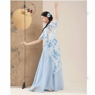Váy sườn xám gạc kiểu Trung Hoa cổ điển, cao cấp phong cách thanh lịch nhẹ nhàng cho Nữ