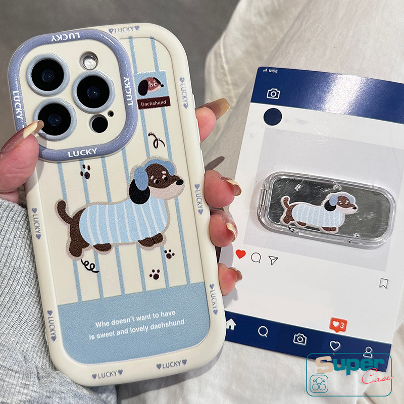 Ốp Lưng Tương Thích Cho IPhone 15 13 16 17 11 14 12 Pro Max 16 12 14 17 15 13 Pro 16 14 15 Plus XR Air X XS Max Hoạt Hình Dễ Thương Dachshund Puppy Paw In Gương Giá Đỡ