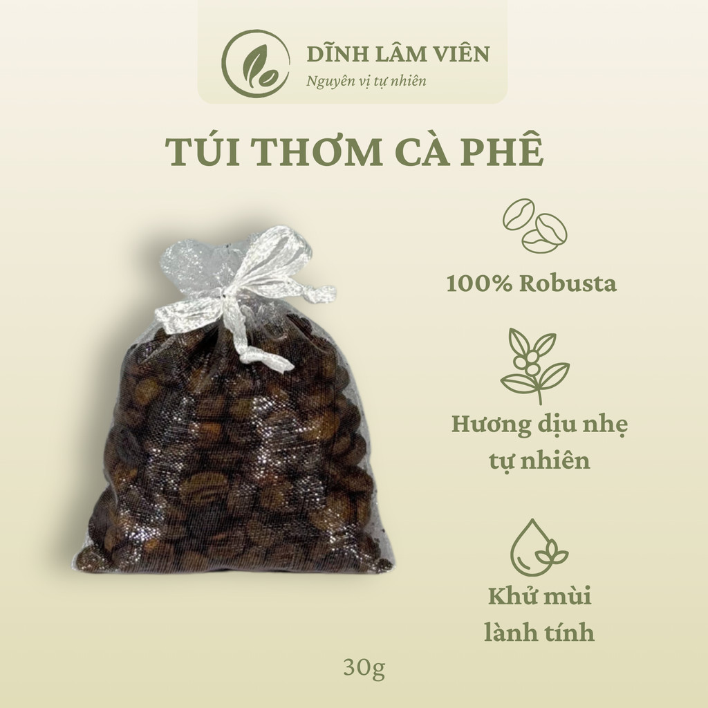 Túi thơm Cà phê Robusta Gia Lai nguyên hạt rang mộc hút ẩm khử mùi 3 túi x 30g | Dĩnh Lâm Viên