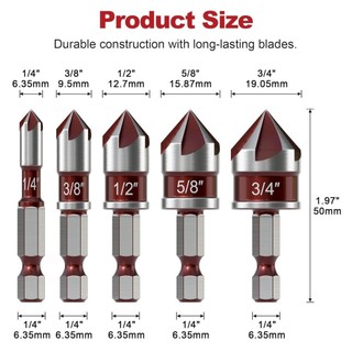 Bộ mũi khoan chìm MARBLEM 5 CÁI, 1 / 4 3 / 8 1 / 2 5 / 8 3 / 4inch Kim loại Countersunk Bits, Nhựa chuôi lục giác đa kích thước chuyên nghiệp