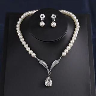 Vòng cổ ngọc trai và bộ bông tai sang trọng, hợp kim cao cấp, phụ kiện hoàn hảo cho cô dâu