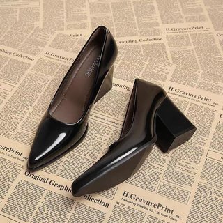 Giày Cao Gót Nữ Mũi Nhọn Dày Gót Slip-On Nông Miệng 35-42