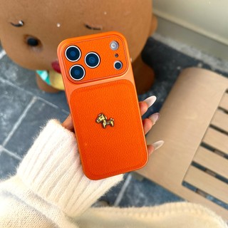 Bảo Vệ Toàn Diện Mạ 3D Ngựa Vàng Cam Da PU Ốp Lưng Điện Thoại iPhone 17Promax 17Pro 13 14 15 16 Pro Max Chống Sốc Nữ Vỏ Điện Thoại Di Động