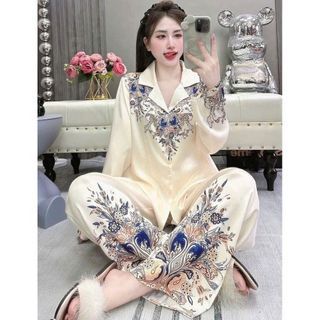 Đồ Bộ Nữ Pijama Bộ Lụa latin Tay Dài cổ sơ mi hàng loại cao cấp bigsize (40-80kg) lụa cao cấpPP