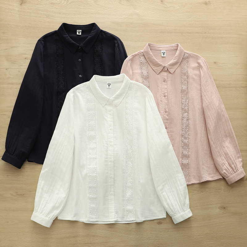 Áo sơ mi nữ cotton cao cấp, thiết kế ren lớn màu trơn