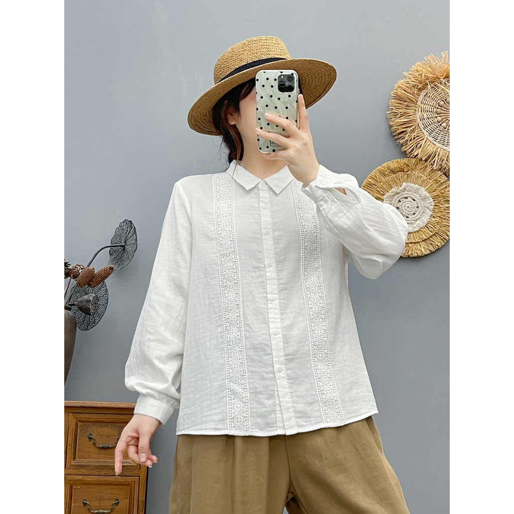 Áo sơ mi nữ cotton cao cấp, thiết kế ren lớn màu trơn