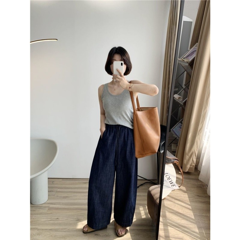 quần ống rộng Quần crop thường ngày có dây rút màu xanh