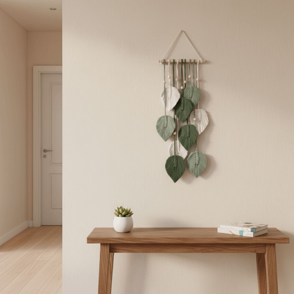 NEAVERLER Lá Macrame Treo Tường, Thảm Treo Tường Dệt Dây Cotton Phong Cách Boho, Màu Xanh Thẩm Mỹ 60x25cm Trang Trí Tường Bohemian Trang Trí Đám Cưới Nhà