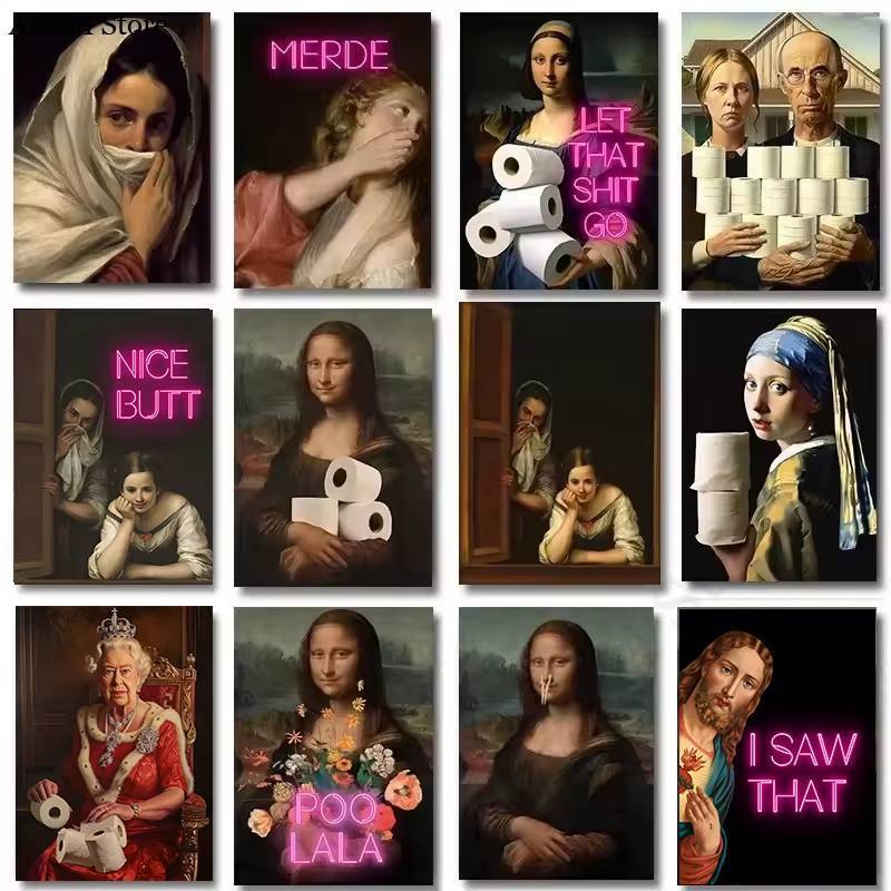 Funny Bathroom Art Mona Lisa Pearl Girl Toilet Paper Canvas Painting Art Home Wall Decor Canvas Poster