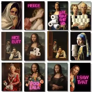 Funny Bathroom Art Mona Lisa Pearl Girl Toilet Paper Canvas Painting Art Home Wall Decor Canvas Poster