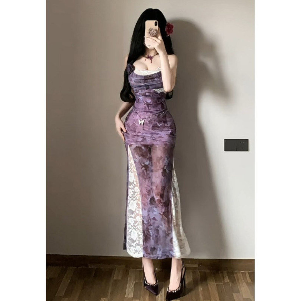 Đầm dáng dài màu tím form ôm, che hông, style sling dress phù hợp mùa hè 2026