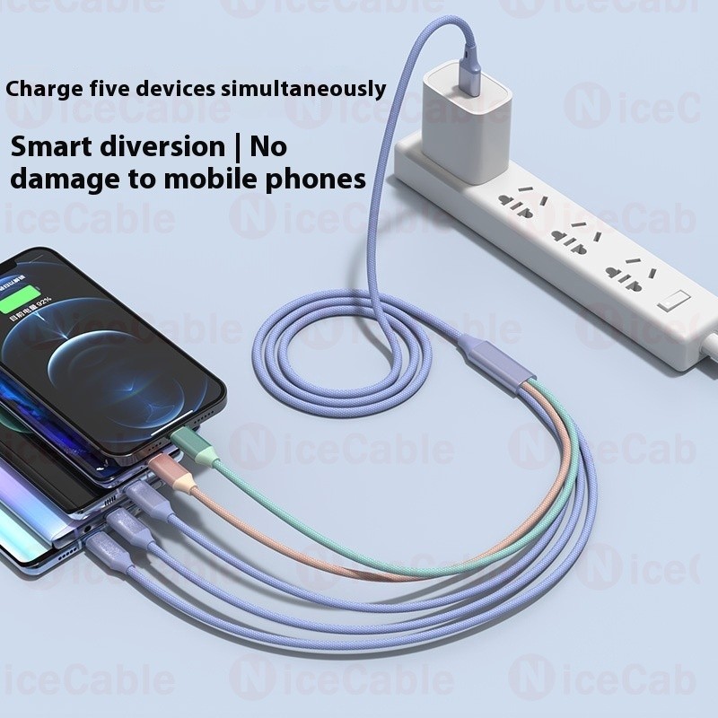 Dây dữ liệu dệt cường độ cao 1,5M / 2M 5 IN 1 USB sang Type C / ios / Micro Cáp sạc nhanh 66W Cáp sạc điện thoại di động Tương thích rộng rãi