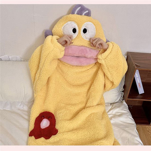 🔥 Trang phục dự tiệc 🔥 có hàng sẵn Bộ đồ onesies mặc nhà ấm áp 2026 Bộ Đồ Ngủ Màu Vàng Cá Chú Hề, Flannel Cực Dày và Lông Cừu San Hô, Phù Hợp Thu Đông