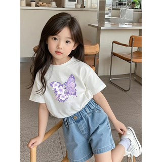 Áo thun in hình bướm phong cách retro dành cho bé gái, kiểu dáng thường ngày, dễ phối đồ và thoáng khí, cổ tròn.