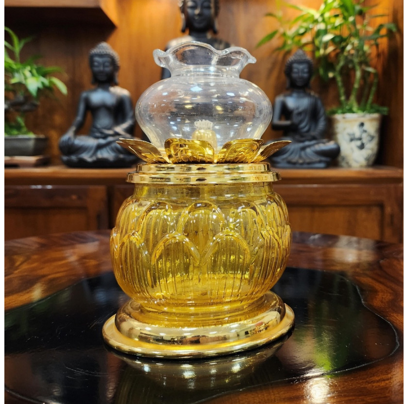 Đèn Dầu Thờ Cúng  - Đèn Lưu Ly Bằng Thủy Tinh Hình Hoa Sen / Quả Trám - Đèn Cúng Phật, Bàn Thần Tài, Gia Tiên [Đèn 052]