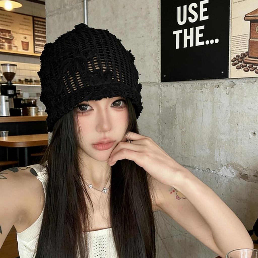 Mũ nồi ren rỗng họa tiết hoa ngọt ngào, chất liệu len mềm mại co giãn - Phù hợp thời trang hàng ngày và chụp ảnh