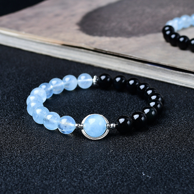 Vòng tay xếp chồng lên nhau obsidian và aquamarine tự nhiên