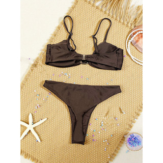 Đồ bơi nữ bikini hai mảnh màu nâu sẫm, trang trí kim loại