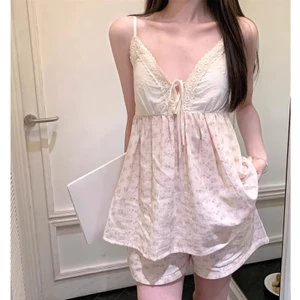 Shop Có Miếng Lót Ngực Sling Bộ Đồ Ngủ Nữ Phiên Bản Hàn Quốc Ngọt Ngào Nhỏ Hoa Cổ Chữ V Ren Nhỏ Ren Ngắn Tay Mây Cotton Bộ