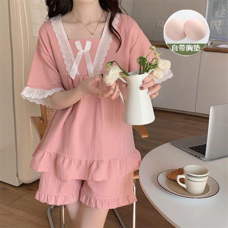 Ren Có Miếng Lót Ngực Bộ Đồ Ngủ Nữ Phù Hợp Với Cô Gái Dễ Thương Ngọt Ngào Ngắn Tay Quần Short Loungewear Có Thể Mặc Bên Ngoài