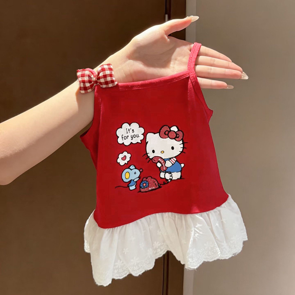Mặc ngoài mùa hè cho bé gái Áo yếm ren đỏ in hoạt hình 80-130 Size LW7V