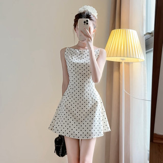 Váy cổ thuyền họa tiết chấm bi dáng xòe chất chéo hàn quốc, Váy Cổ Thuyền Chấm Bi Tiểu Thư