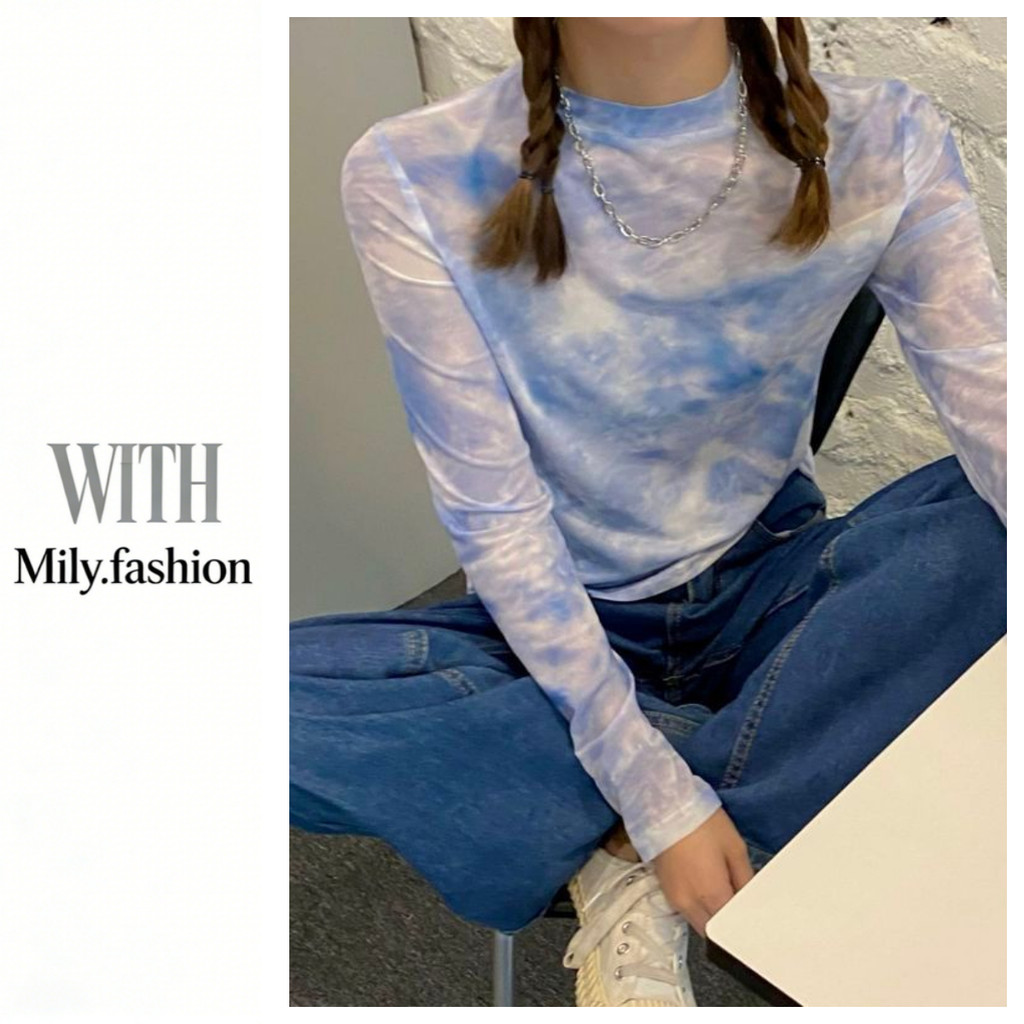 Milyfashion Slimer Look Tie-Dye Print Gạc Phiên bản Hàn Quốc Slim-fit Bên trong dài tay T