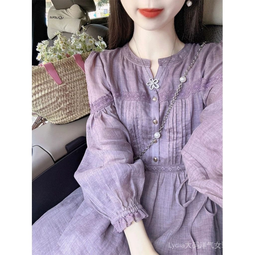 Váy dài trà nữ phong cách phương Tây màu tím, chất liệu mềm mại, phù hợp mặc mùa hè