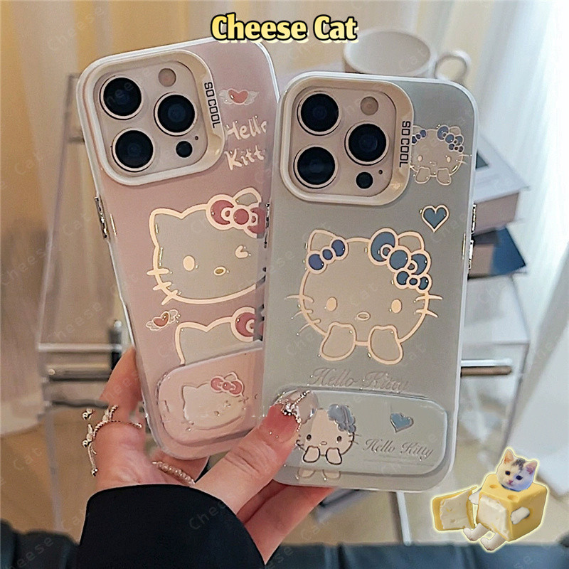 Ốp lưng iPhone màu xanh hồng Kitty có gương Giá đỡ điện thoại cho iPhone 13 14 15 12 11 16 17 Pro Max 16E Xs Max XR 7