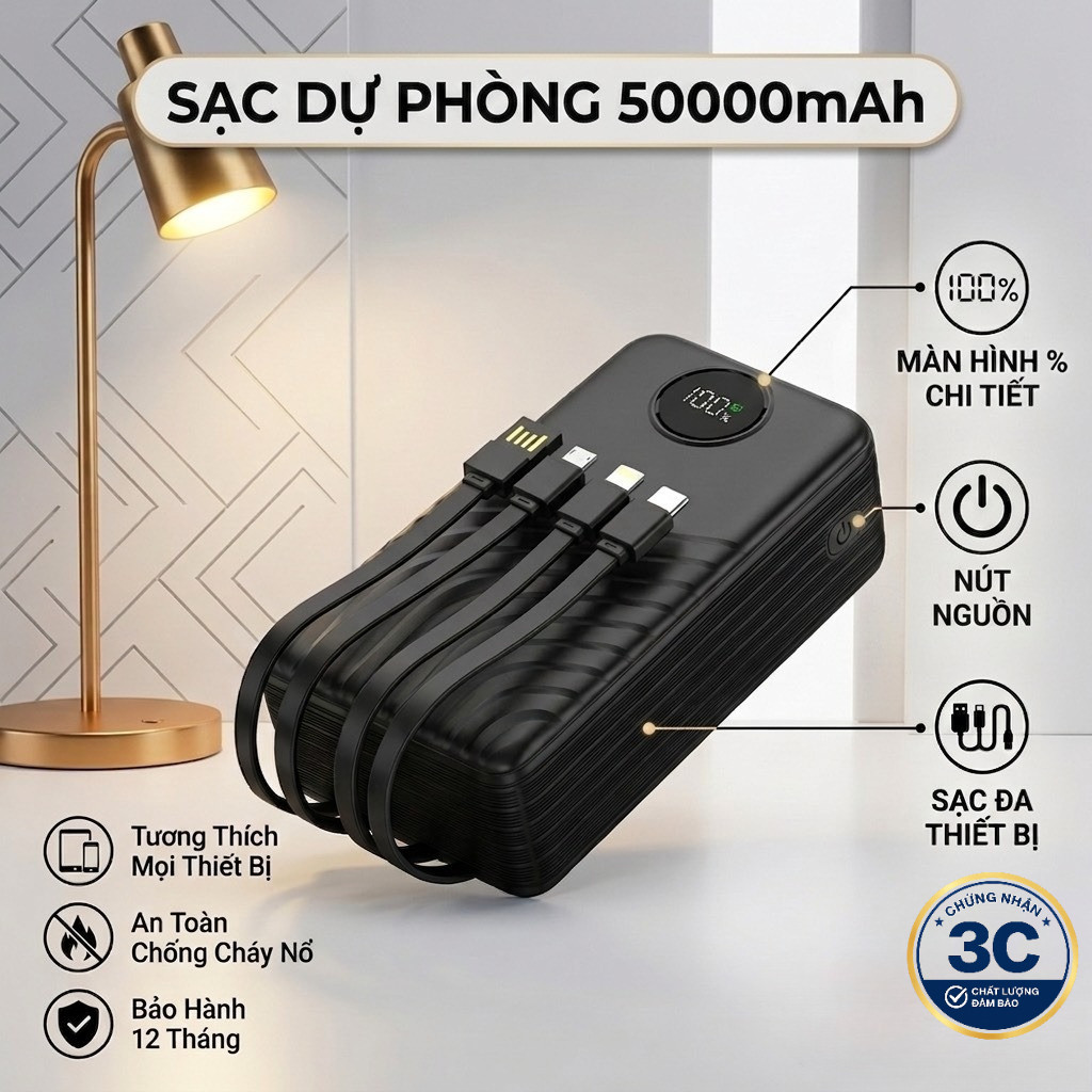Pin Sạc Dự Phòng 50000mAh Sạc Nhanh 4 Dây Cáp Tích Hợp Chứng Nhận 3C Màn Hình LED Hiển Thị Đèn Pin Chiếu Sáng