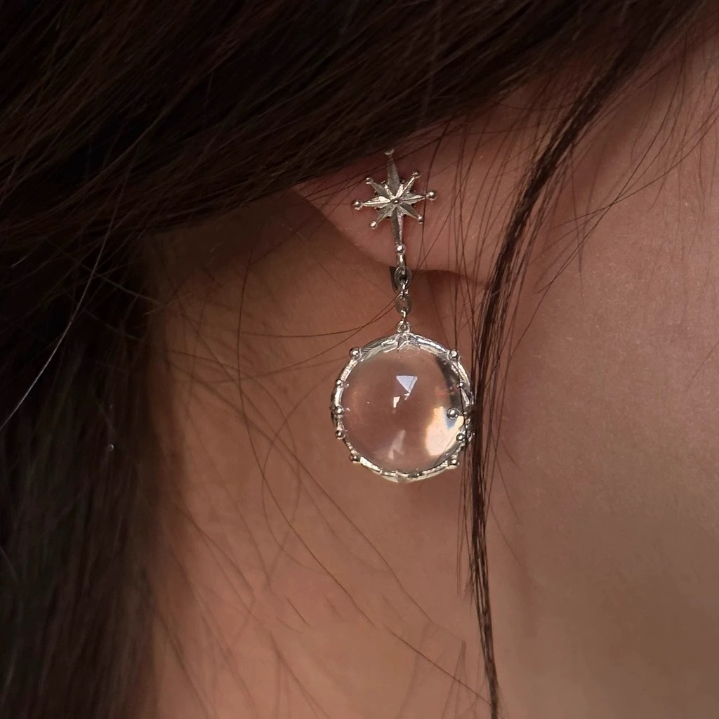 Mặt dây chuyền và bông tai pha lê hình học bát giác và ngôi sao trắng, thiết kế tinh tế