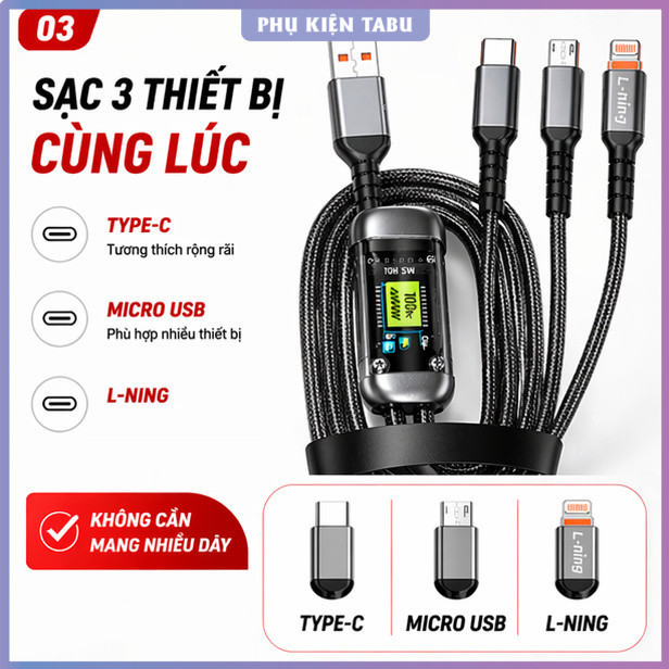 Cáp Sạc 3 Đầu 3in1 100W Có Màn Hình - Sạc Nhanh, Bền, Không Rối - Sạc 3 Thiết Bị Cùng Lúc