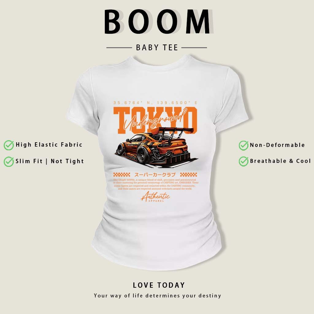 BOOM Áo Baby Tee Nữ Cotton Ôm Body-Áo Thun Ngắn Tay Y2K In Hình PhongCách Mùa Hè, Cổ Tròn Hàng Đầucách hàn quốc phongE34