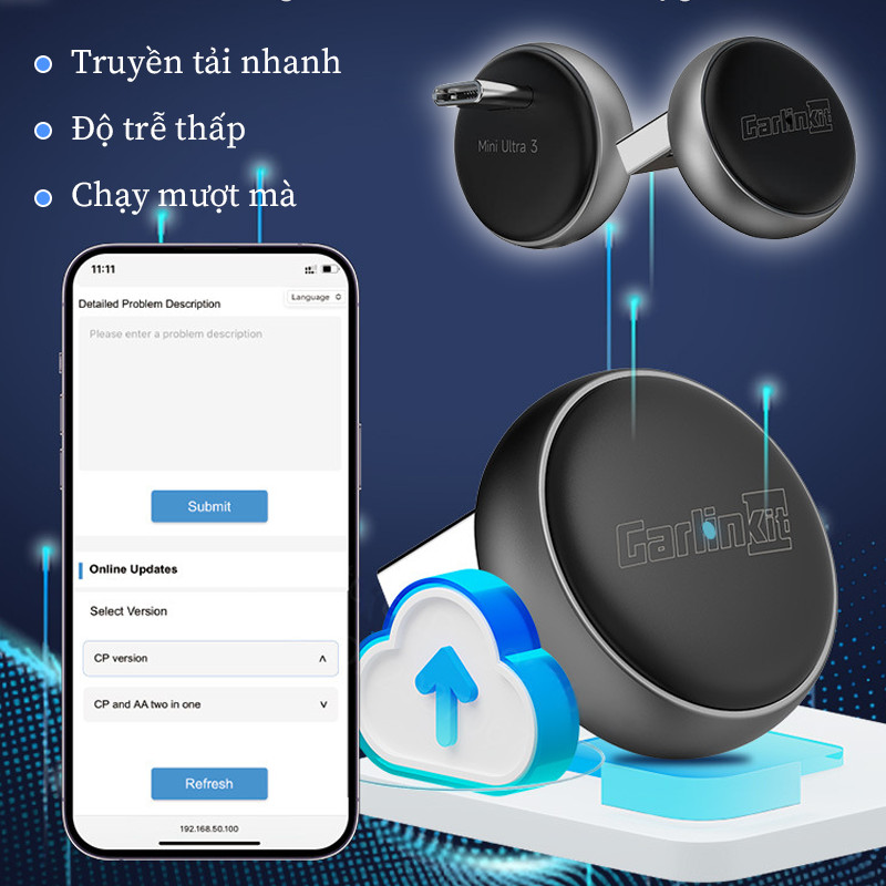 Bộ Chuyển Đổi Không Dây CarPlay & Android Auto Mini Ultra 3 – OTA, BT5.4, WiFi 5.8, Nâng Cấp Xe Hơi