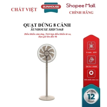 QUẠT ĐỨNG SUNHOUSE 8 CÁNH SHD7346B, Điều khiển cảm ứng, Tích hợp điều khiển từ xa, 3 chế độ gió, Hẹn giờ lên đến 9h