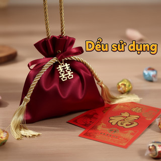Phong Cách Trung Hoa Cưới Túi Kẹo Lụa Nhung Tua Rua Ngọc Trai May Mắn Ủng Hộ Túi Quà Tặng Bộ 10