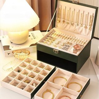 Hộp Trang Sức 3 Tầng Nhung Lót Có Thể Khóa PU Ngăn Kéo Tổ Chức Lưu Trữ Du Lịch