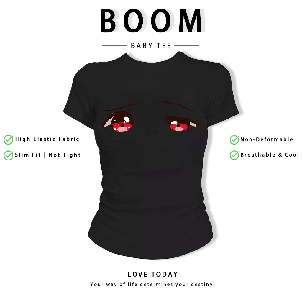 BOOM Áo Baby Tee Nữ Cotton Ôm Body-Áo Thun Ngắn Tay Y2K In Hình PhongCách Mùa Hè, Cổ Tròn Hàng Đầucách hàn quốc phongK12