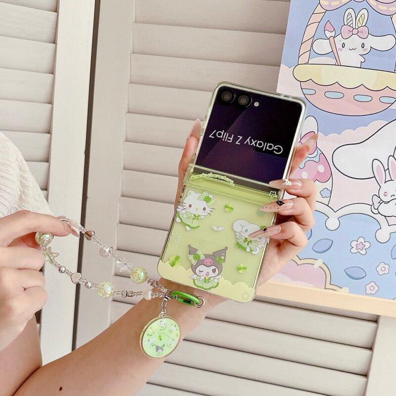 Tương thích với Samsung Galaxy ZFlip7 ZFlip6 Vỏ điện thoại Sanrio dễ thương bao gồm dây buộc gấp vỏ cứng thích hợp cho Z Flip 7 6 5 4 3 5G N3 Flip Mix Flip 2 vỏ bảo vệ