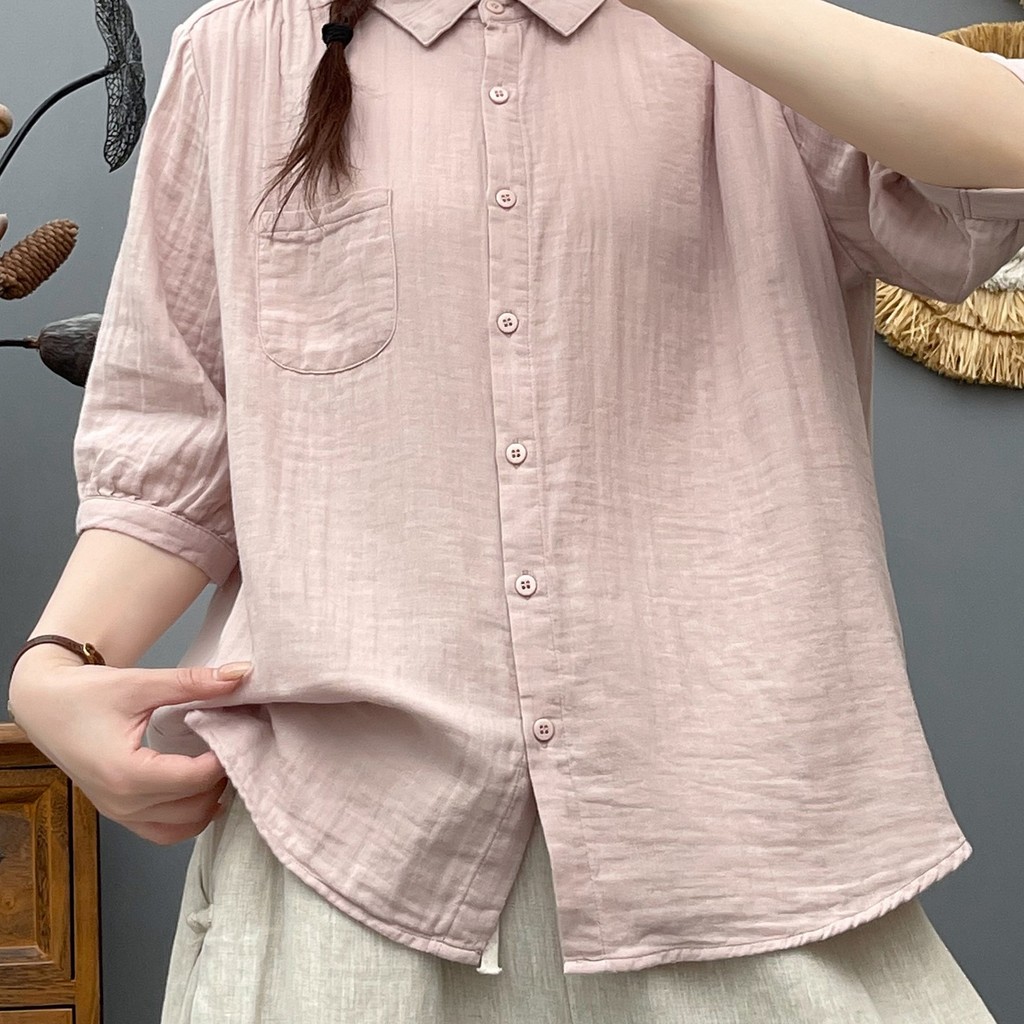 <![Sẵn Sàng] Áo sơ mi nữ mùa hè từ sợi cotton cao cấp, tay năm phần tư rời, thoáng mát và mềm mại