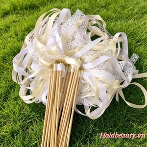 2 Cây Đũa Phép Ruy Băng Cưới Có Chuông Ren Trắng Cổ Tích Gậy Cưới Streamers Chúc Cây Đũa Phép Để Trang Trí Tiệc Cưới