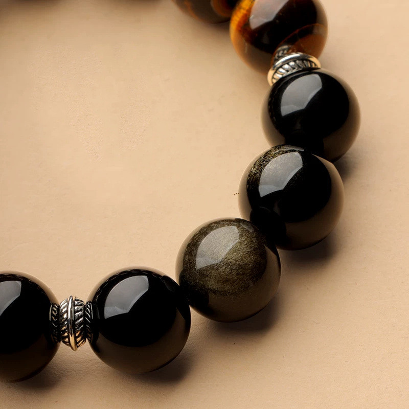 Vòng tay Obsidian mắt hổ tự nhiên Unisex - Hạt Mantra sáu chữ - Miếng đệm bạc trang trí công phu - Thủ công cổ điển dân tộc
