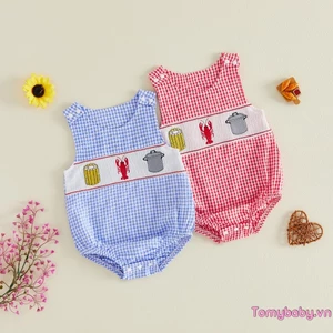 Bộ áo liền quần bong bóng cho bé trai sơ sinh Bộ áo liền quần không tay cổ tôm hùm thêu kẻ sọc