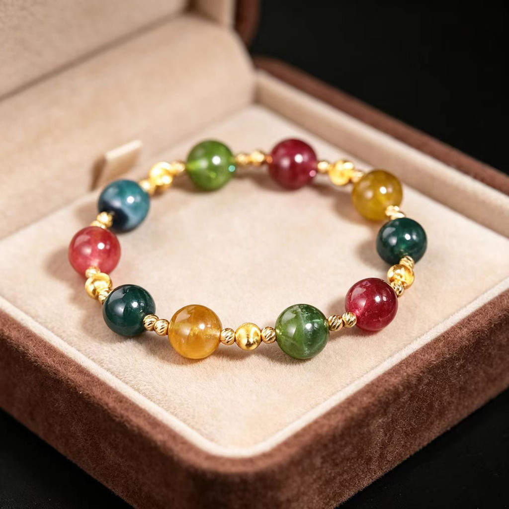 Thạch Anh Nhiều Màu Sắc Tourmaline Vòng Tay Nữ Retro Văn Học Đính Hạt Vòng Tay Thiết Kế Niche Lễ Hội