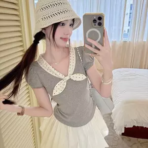 Phong cách Hàn Quốc Preppy Preppy Phong cách chấm bi Cổ búp bê Áo thun ngắn tay dành cho nữ Mùa hè Slim-fit Slimer Look