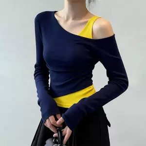 Slim-fit Slimmer Look Color Matching All match Oblique Shoulder Fake Two-piece Leak